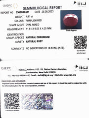 4.91/CT Natural Indian Ruby with Govt. Lab Certificate (1221)